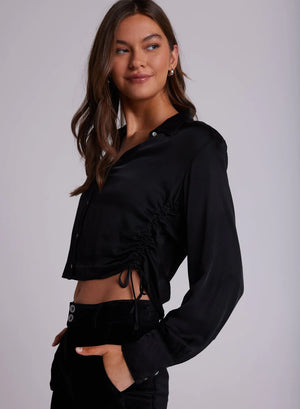 CROPPED SATIN RUCHED BUTTON DOWN