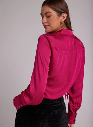 CROPPED SATIN RUCHED BUTTON DOWN