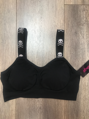SILVER METALLIC SKULL (attached to our black bra)