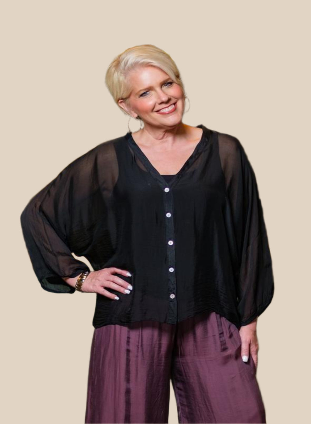 VIOLA 3/4 SLEEVE SILK BUTTON FRONT BLOUSE